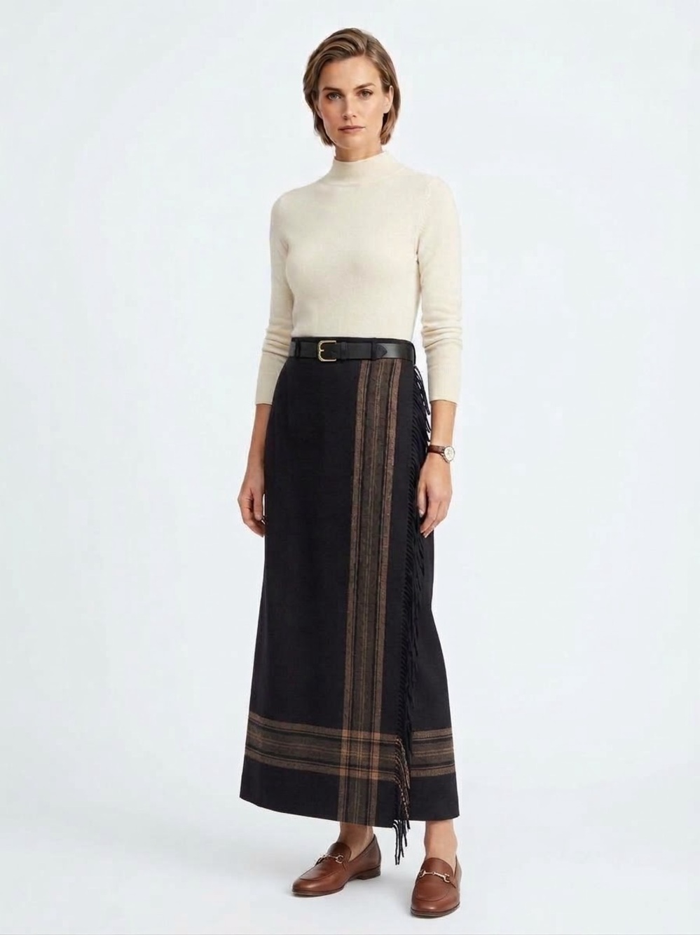 Dana Buchman 100% Wool Maxi Skirt with Fringed Detail Black Brown Size 8